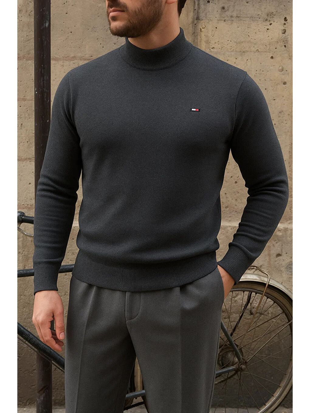 Gri Erkek Kışlık Yarım Boğazlı Dar Basic Füme Kazak-2