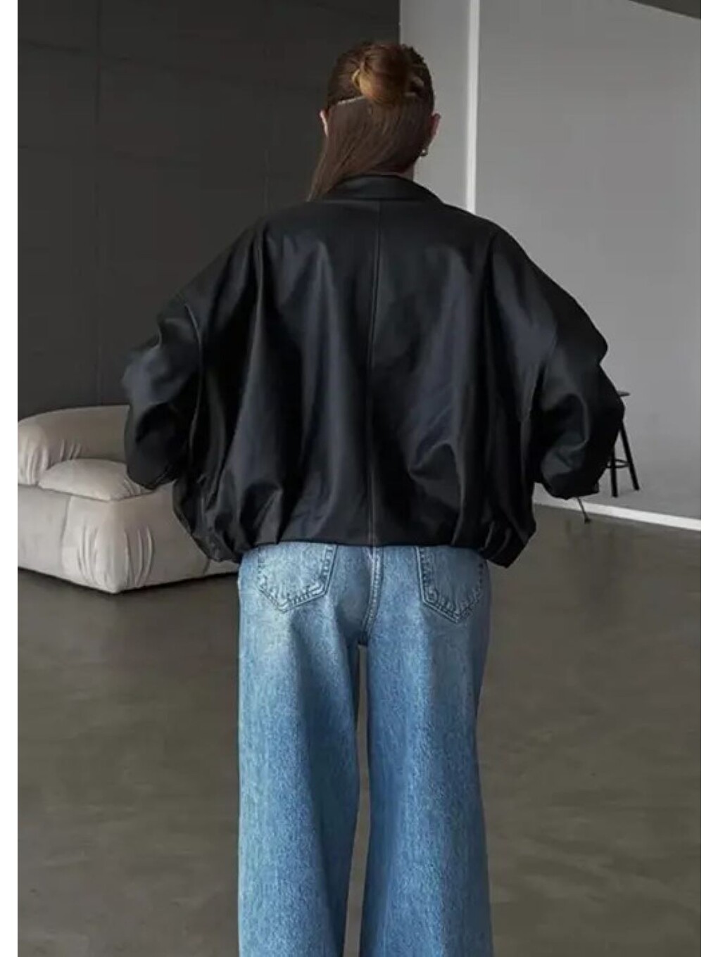 Kadın Siyah Oversize Suni Deri Bomber Ceket – Fermuarlı Mont Siyah-2