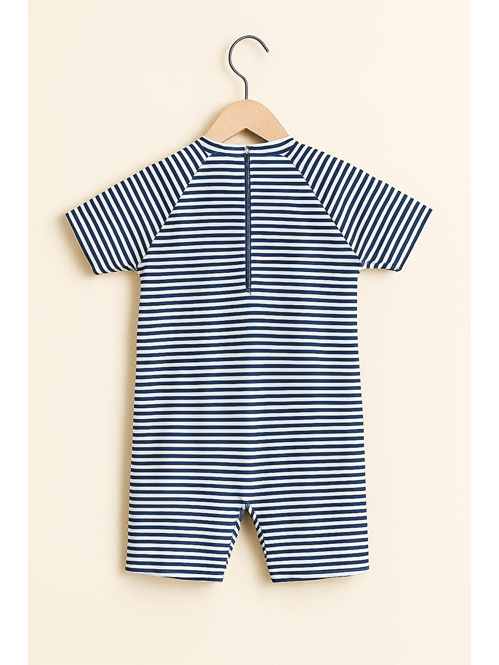 Lacivert Erkek Çocuk Çizgi Desenli Fermuarlı Boneli Mayo Takımı 11902-1
