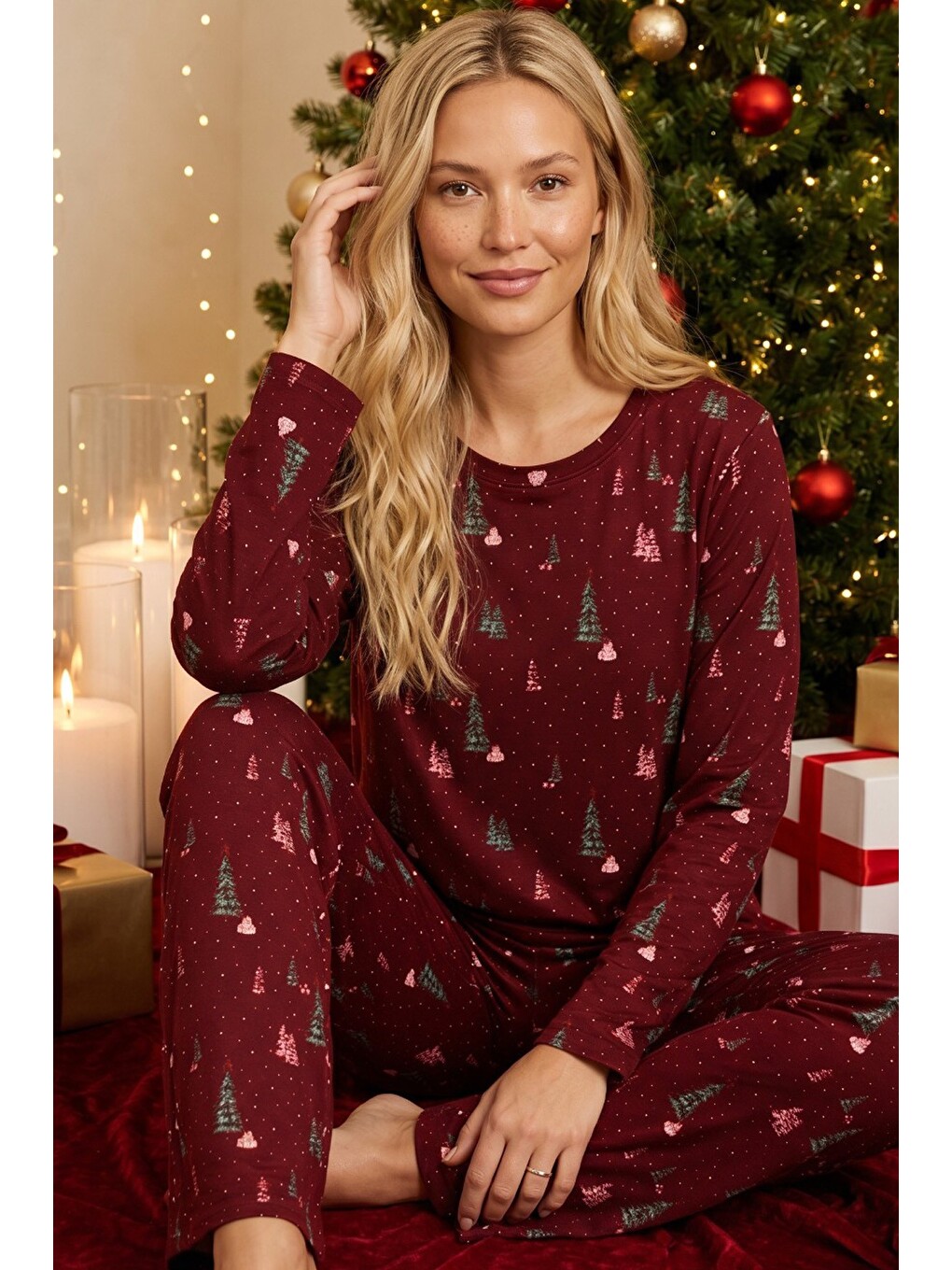 Bordo Yılbaşı Temalı Desenli Termal Kumaşlı Ultra Soft Yumuşak Örme Pijama Takımı