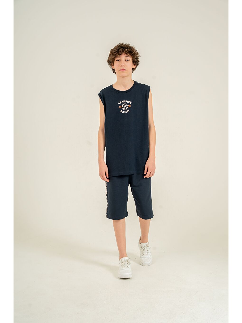 Lacivert Champion Allstar 1990 Baskılı Üst Atlet Alt Sağ Sol  Baskılı Erkek Çocuk Şort - Atlet Takımı