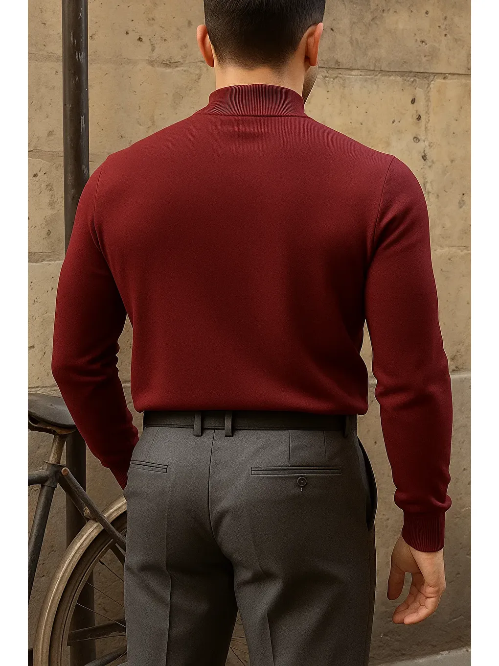 Erkek Kışlık Yarım Boğazlı Dar Basic Bordo Kazak-5