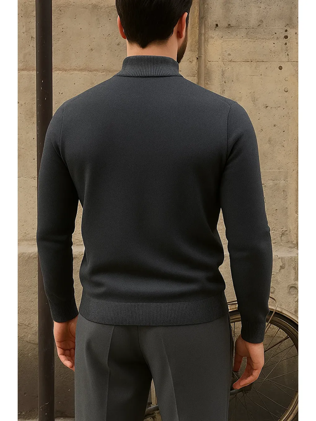 Gri Erkek Kışlık Yarım Boğazlı Dar Basic Füme Kazak-3