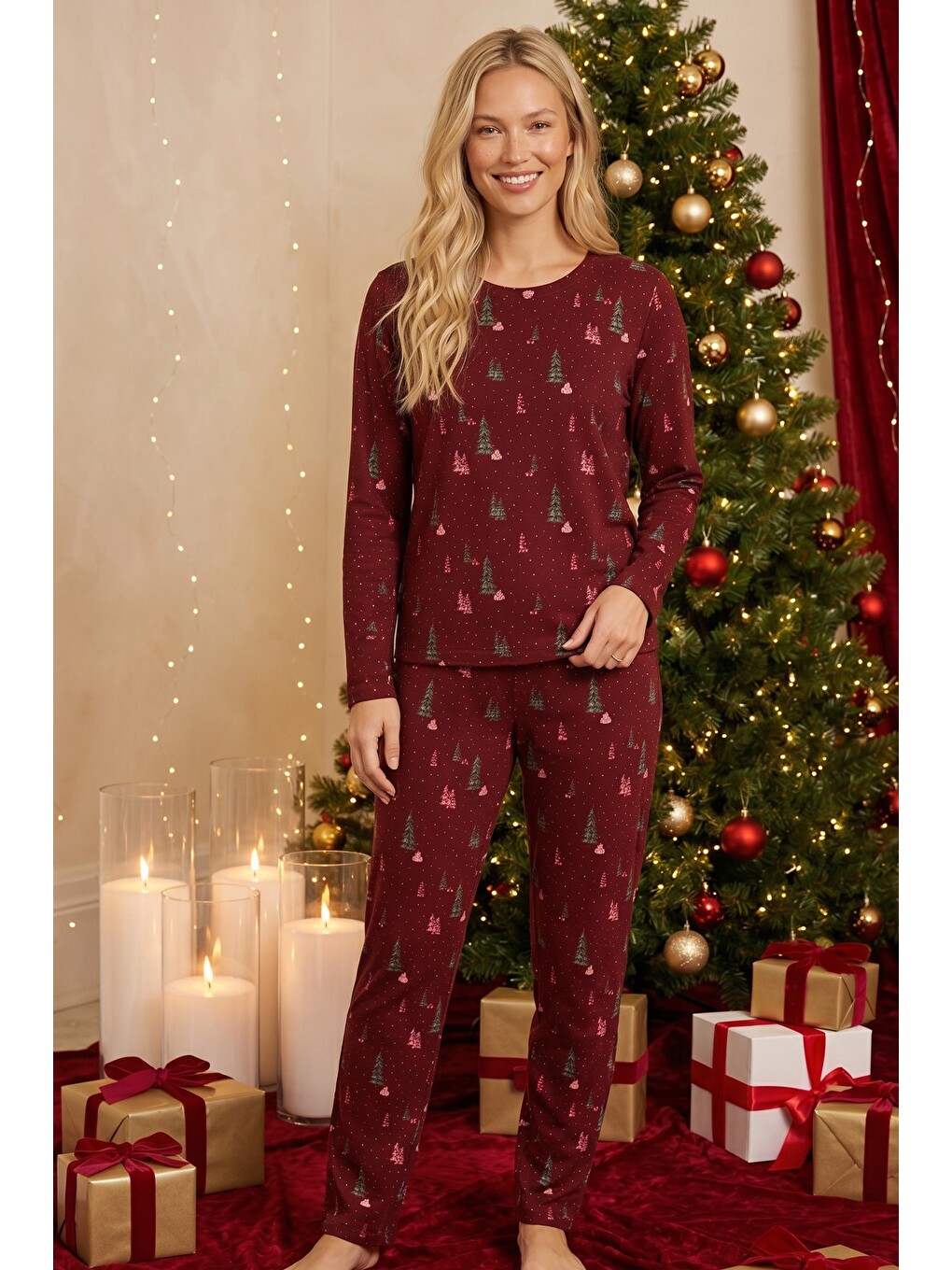 Bordo Yılbaşı Temalı Desenli Termal Kumaşlı Ultra Soft Yumuşak Örme Pijama Takımı-1