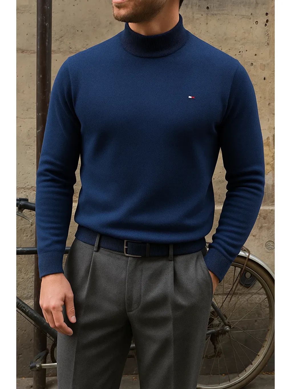 Erkek Kışlık Yarım Boğazlı Dar Basic Lacivert Kazak