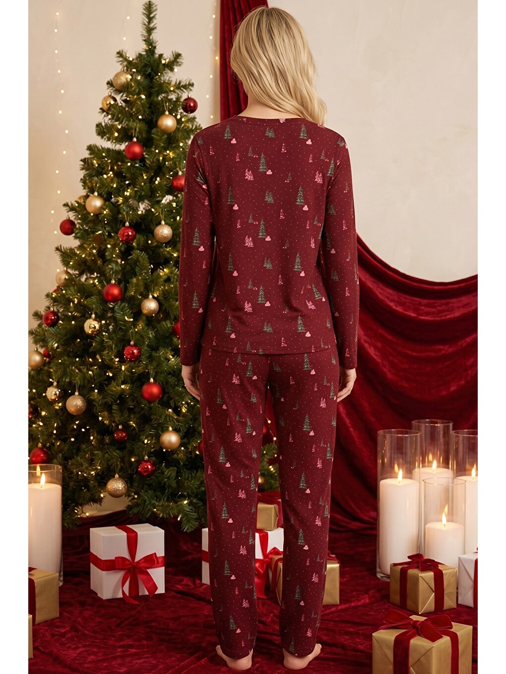 Bordo Yılbaşı Temalı Desenli Termal Kumaşlı Ultra Soft Yumuşak Örme Pijama Takımı-2
