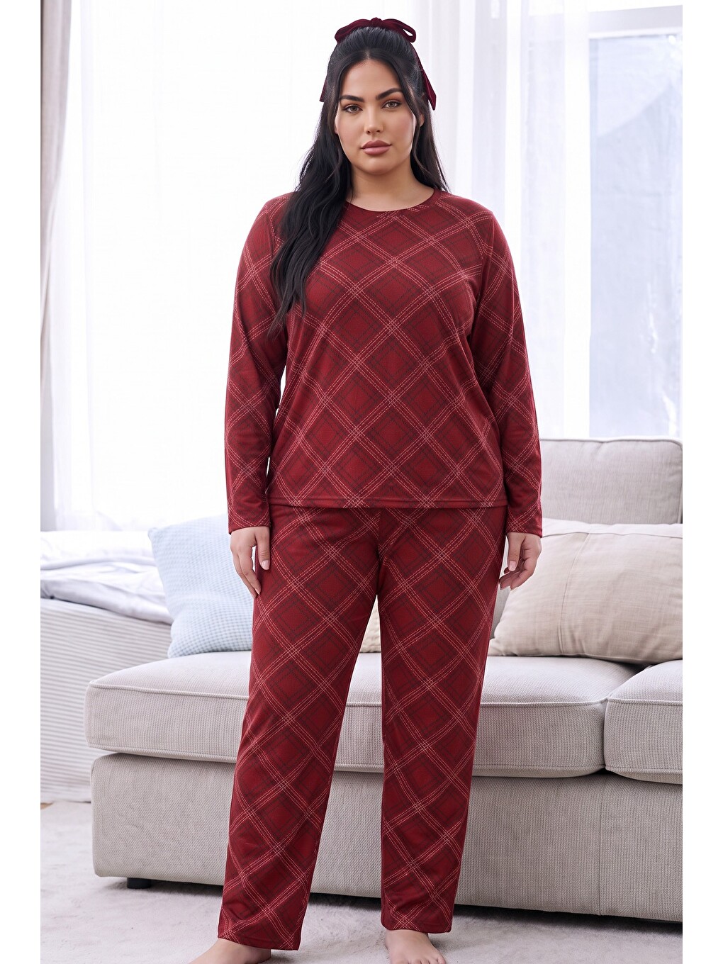 Bordo Ekose Desenli Termal Kumaşlı Ultra Soft Yumuşak Büyük Beden Battal Boy Örme Pijama Takımı-1