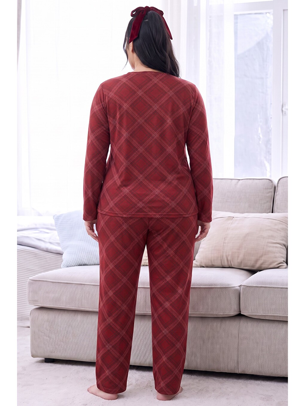 Bordo Ekose Desenli Termal Kumaşlı Ultra Soft Yumuşak Büyük Beden Battal Boy Örme Pijama Takımı-2