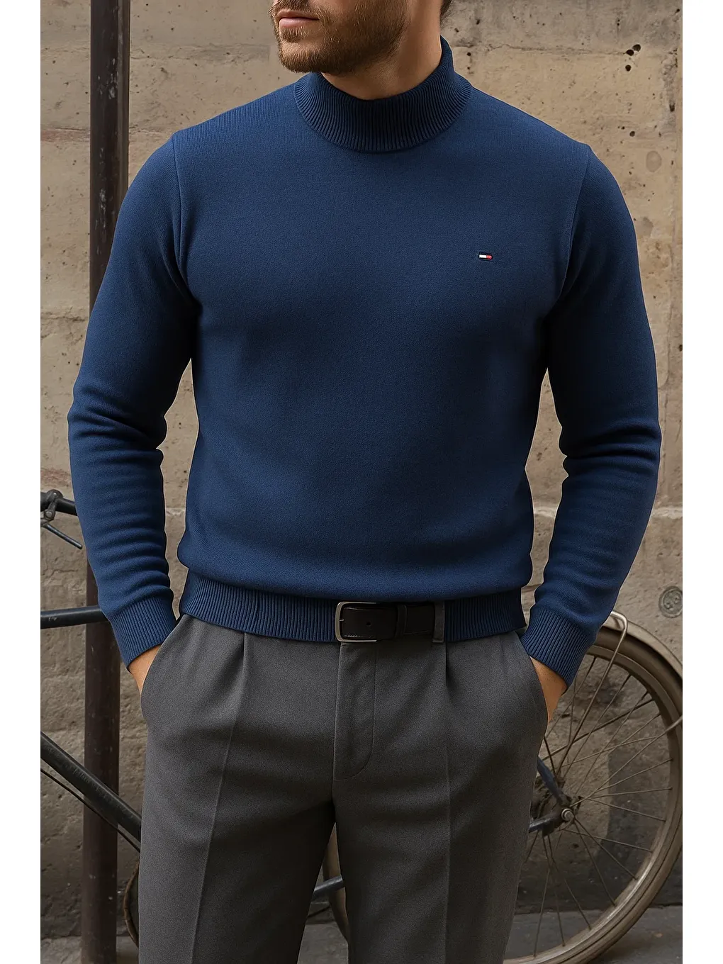 Erkek Kışlık Yarım Boğazlı Dar Basic Lacivert Kazak-1