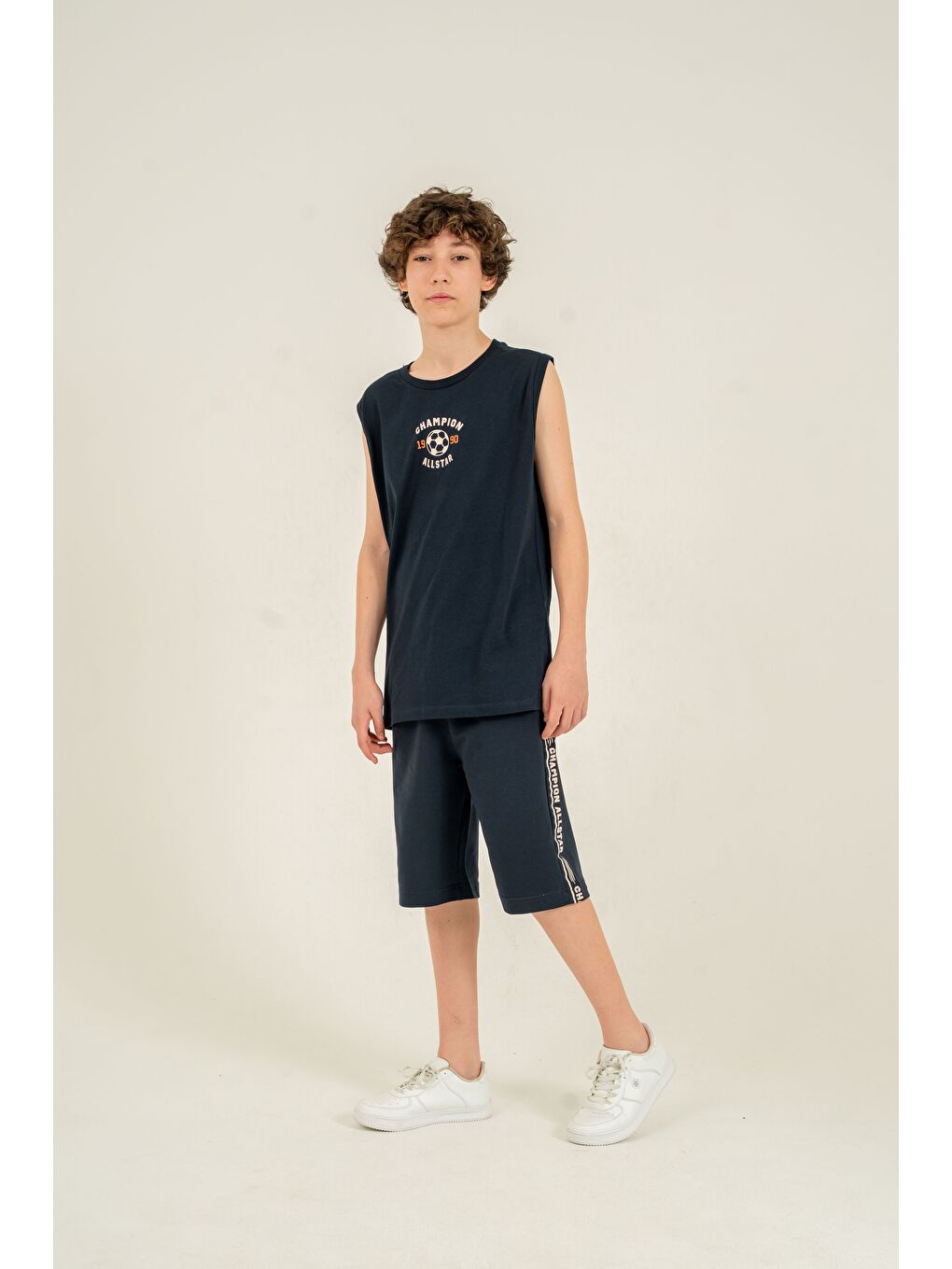 Lacivert Champion Allstar 1990 Baskılı Üst Atlet Alt Sağ Sol  Baskılı Erkek Çocuk Şort - Atlet Takımı-1