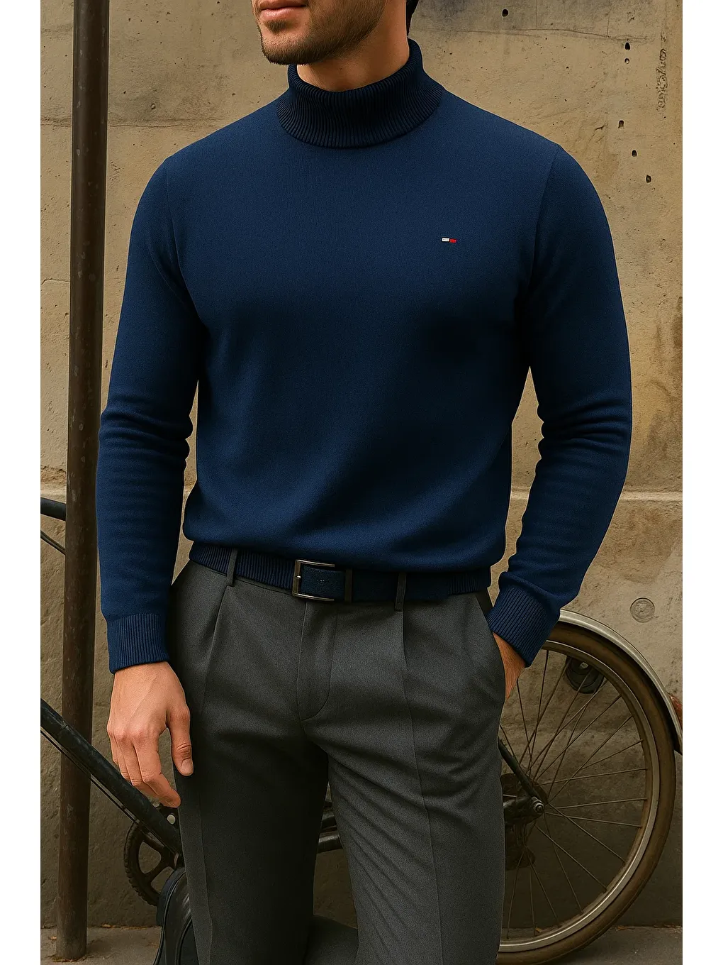 Erkek Kışlık Yarım Boğazlı Dar Basic Lacivert Kazak-2