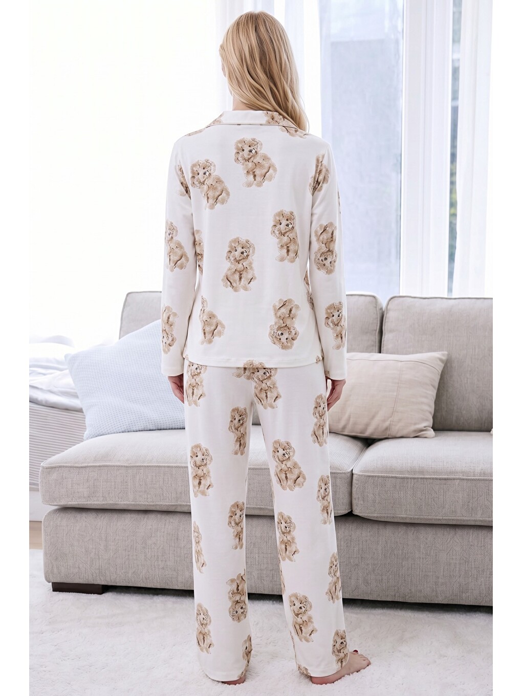 Ekru Desenli Termal Kumaşlı Ultra Soft Yumuşak Düğmeli Örme Pijama Takımı-2