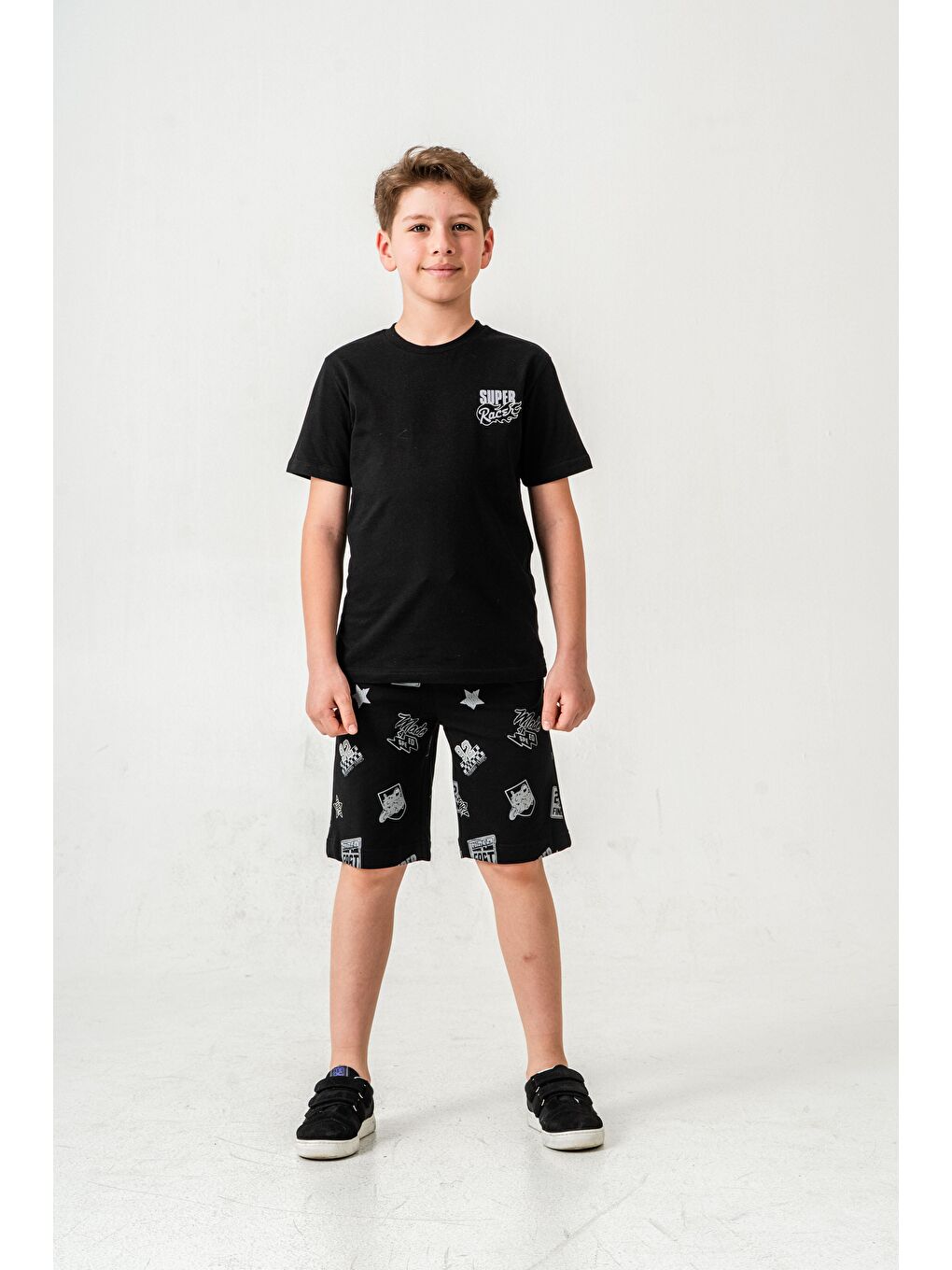 Siyah Super Racer Baskılı Erkek Çocuk Şort - Tişört Takımı
