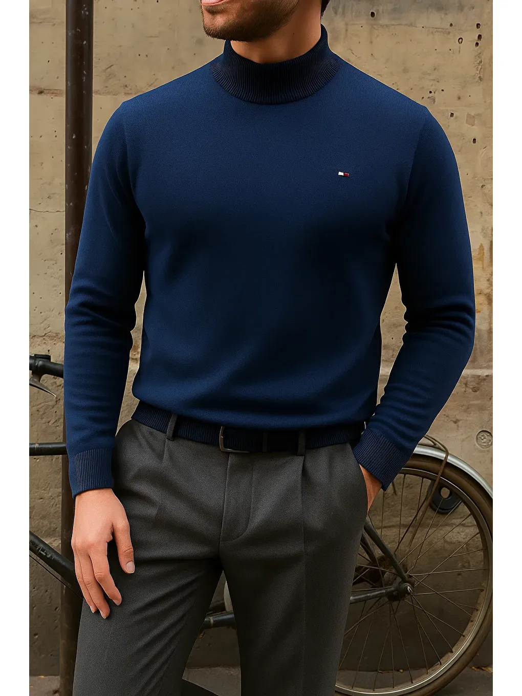 Erkek Kışlık Yarım Boğazlı Dar Basic Lacivert Kazak-3