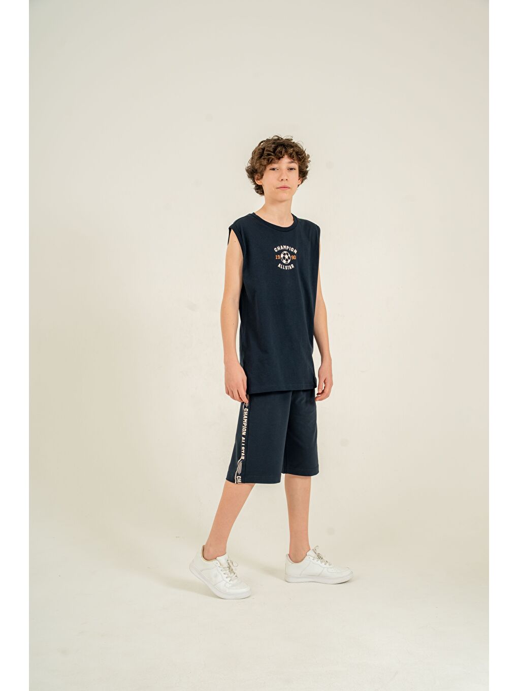 Lacivert Champion Allstar 1990 Baskılı Üst Atlet Alt Sağ Sol  Baskılı Erkek Çocuk Şort - Atlet Takımı-2