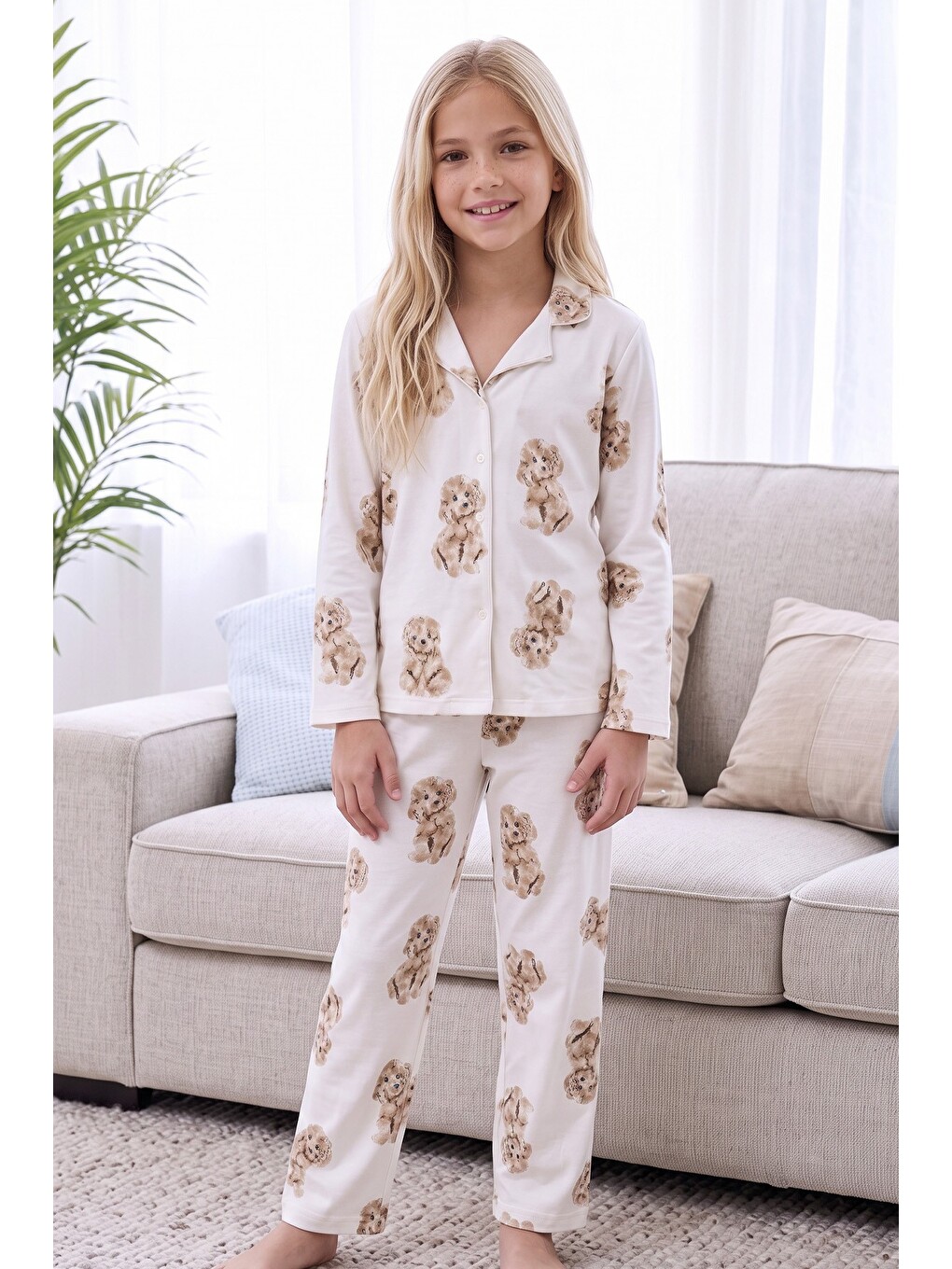 Ekru Desenli Termal Kumaşlı Ultra Soft Yumuşak Düğmeli Örme Pijama Takımı-3