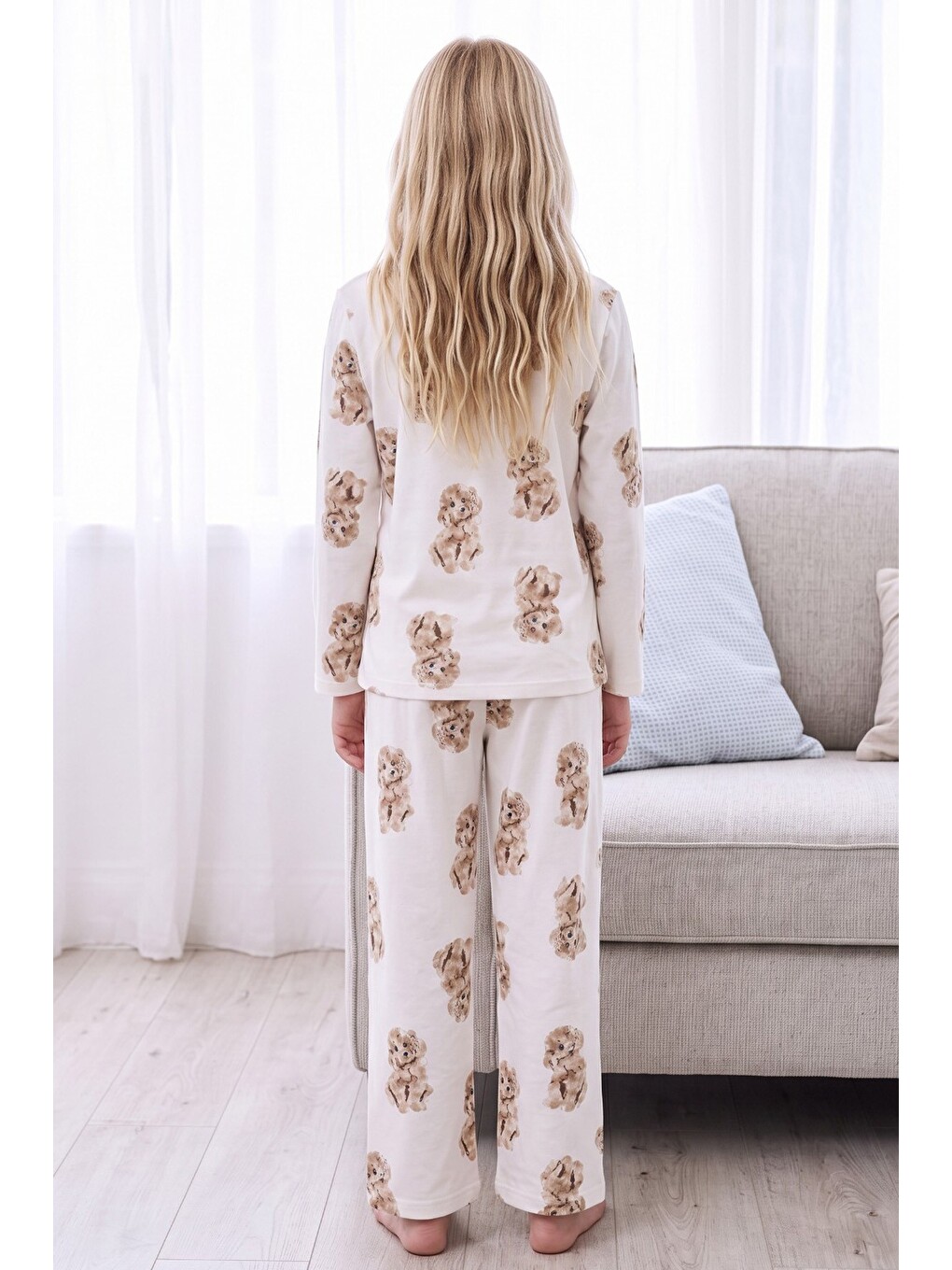 Ekru Desenli Termal Kumaşlı Ultra Soft Yumuşak Düğmeli Örme Pijama Takımı-4
