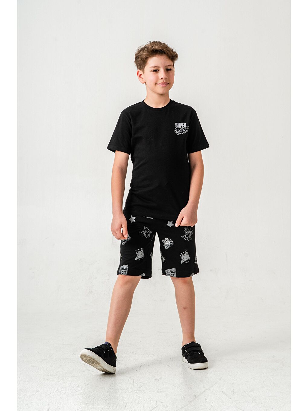 Siyah Super Racer Baskılı Erkek Çocuk Şort - Tişört Takımı-1