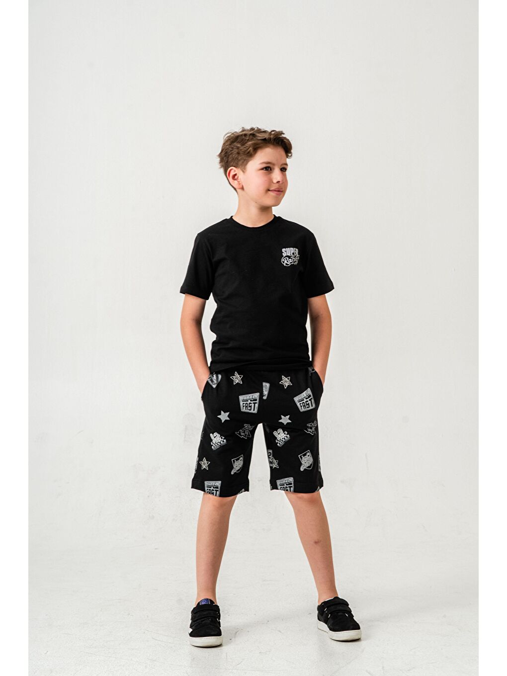 Siyah Super Racer Baskılı Erkek Çocuk Şort - Tişört Takımı-3