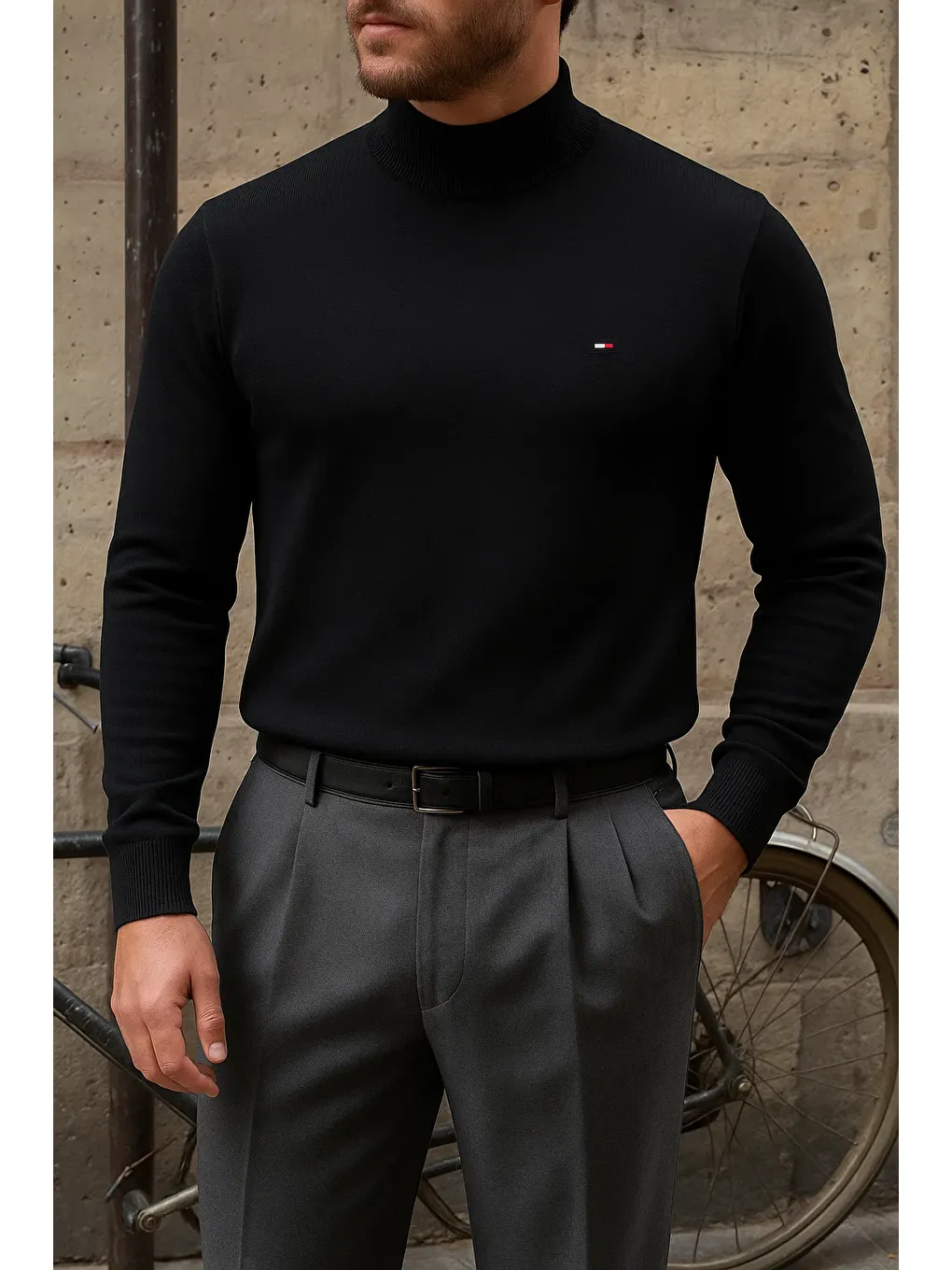 Erkek Kışlık Yarım Boğazlı Dar Basic Siyah Kazak-1