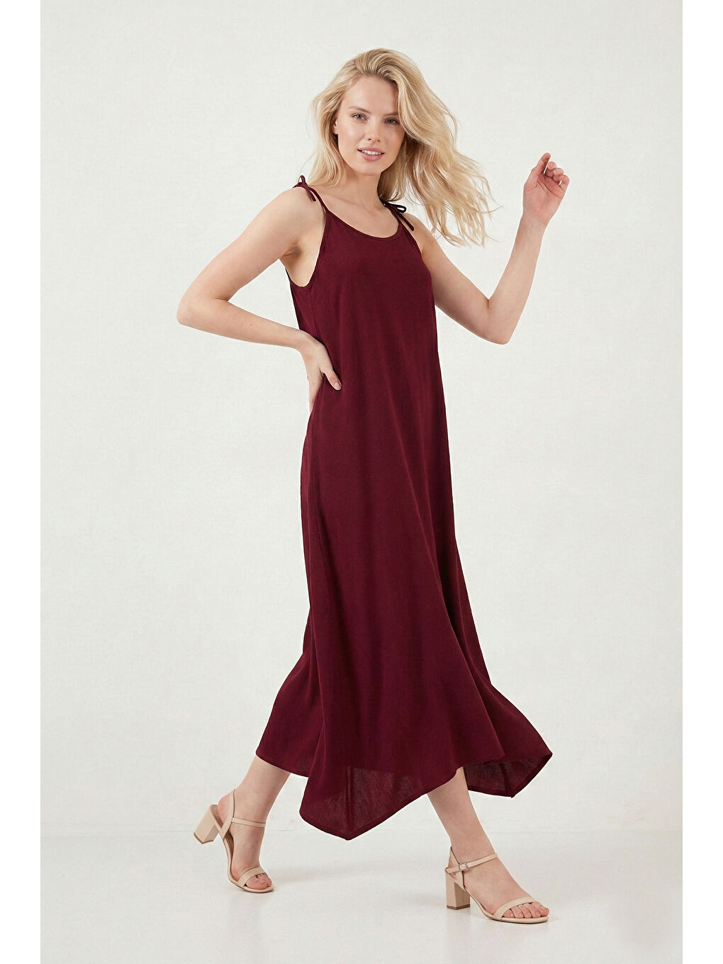 Bordo Regular Fit İp Askılı Uzun Kadın Elbise 5865732-1