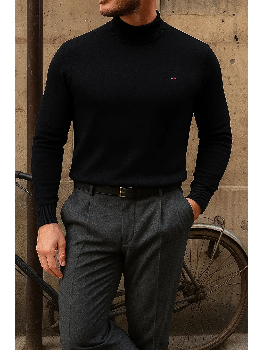 Erkek Kışlık Yarım Boğazlı Dar Basic Siyah Kazak-2