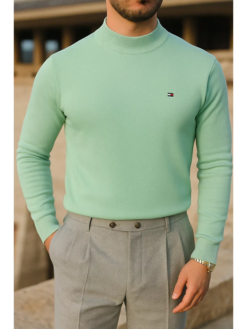 Yeşil Erkek Slim Fit Yarım Balıkçı Yaka Mint Kazak-1