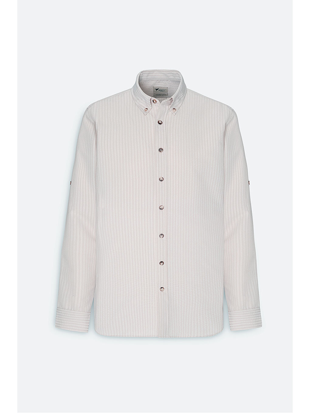 Erkek Bej Slim Fit Dar Kesim Gofre Desenli Düğmeli Yaka Hafif Kumaş Gömlek-5