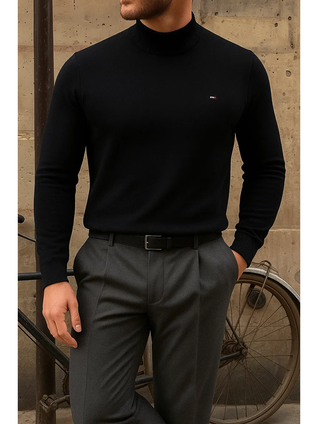 Erkek Kışlık Yarım Boğazlı Dar Basic Siyah Kazak-3