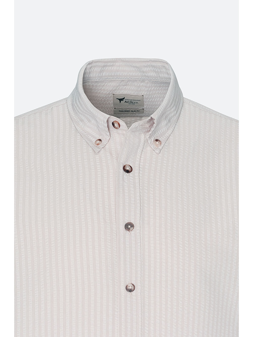 Erkek Bej Slim Fit Dar Kesim Gofre Desenli Düğmeli Yaka Hafif Kumaş Gömlek-6