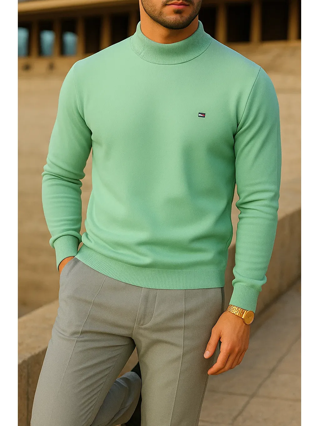 Yeşil Erkek Slim Fit Yarım Balıkçı Yaka Mint Kazak-2