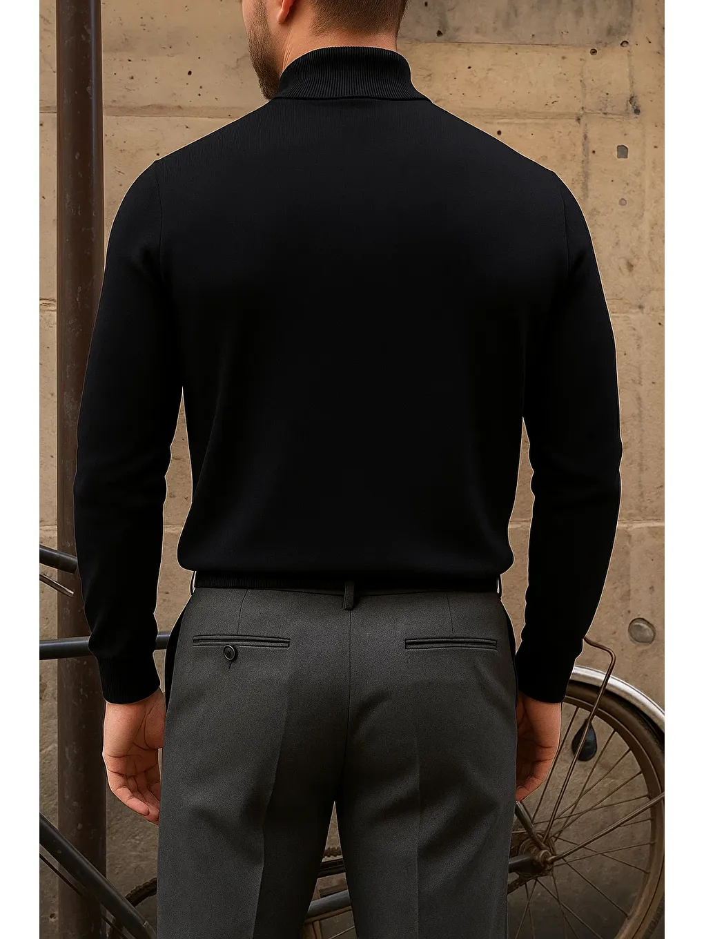 Erkek Kışlık Yarım Boğazlı Dar Basic Siyah Kazak-4