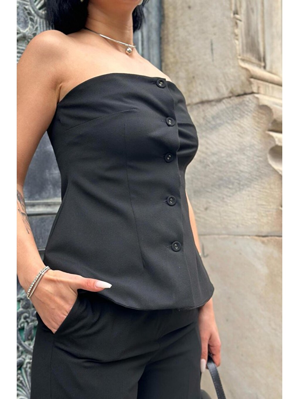 Siyah Straplez Düğmeli Crop Ve Pantolon Takım-2