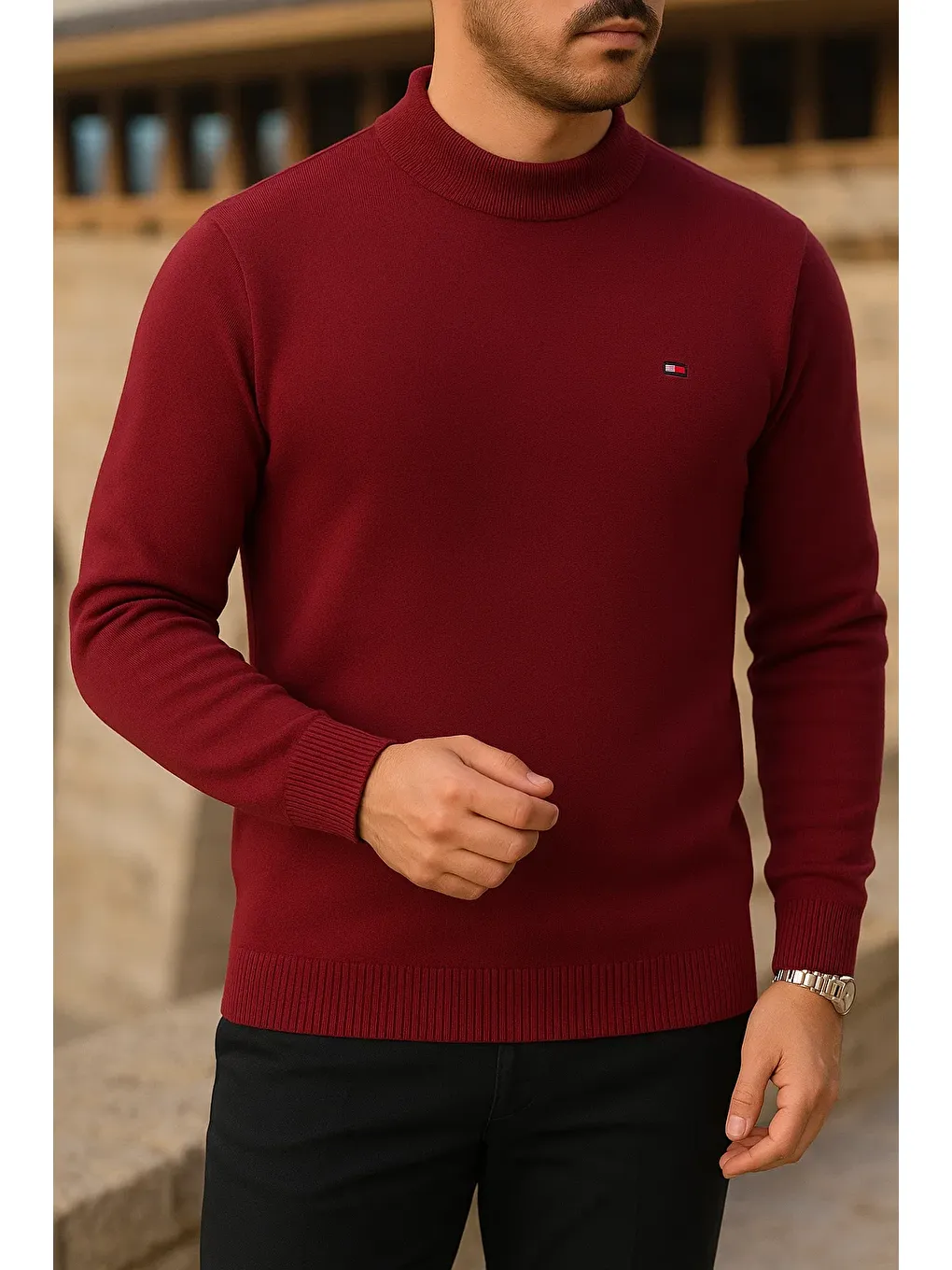 Erkek Slim Fit Yarım Balıkçı Yaka Bordo Kazak-1