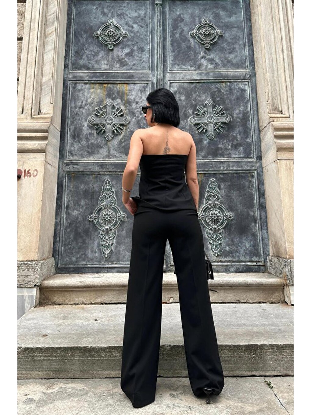Siyah Straplez Düğmeli Crop Ve Pantolon Takım-3