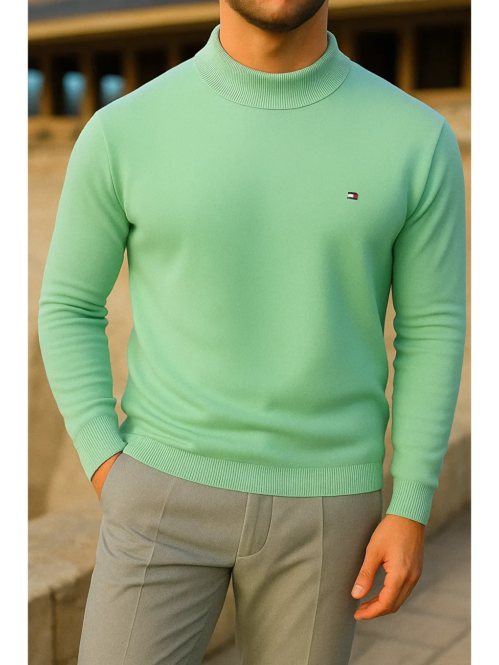 Yeşil Erkek Slim Fit Yarım Balıkçı Yaka Mint Kazak-3