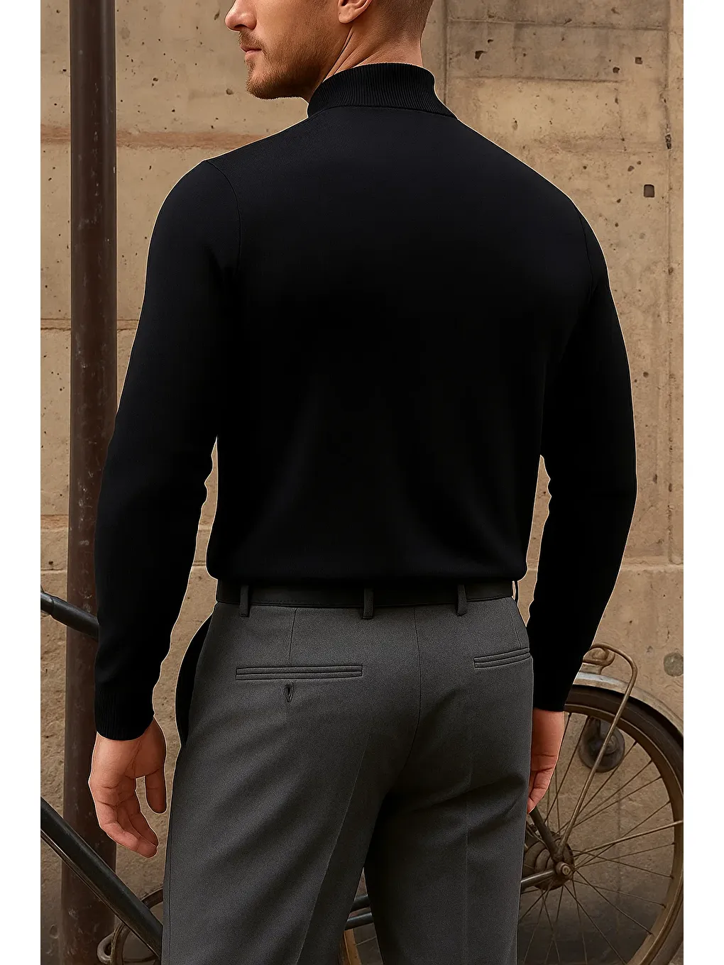 Erkek Kışlık Yarım Boğazlı Dar Basic Siyah Kazak-5