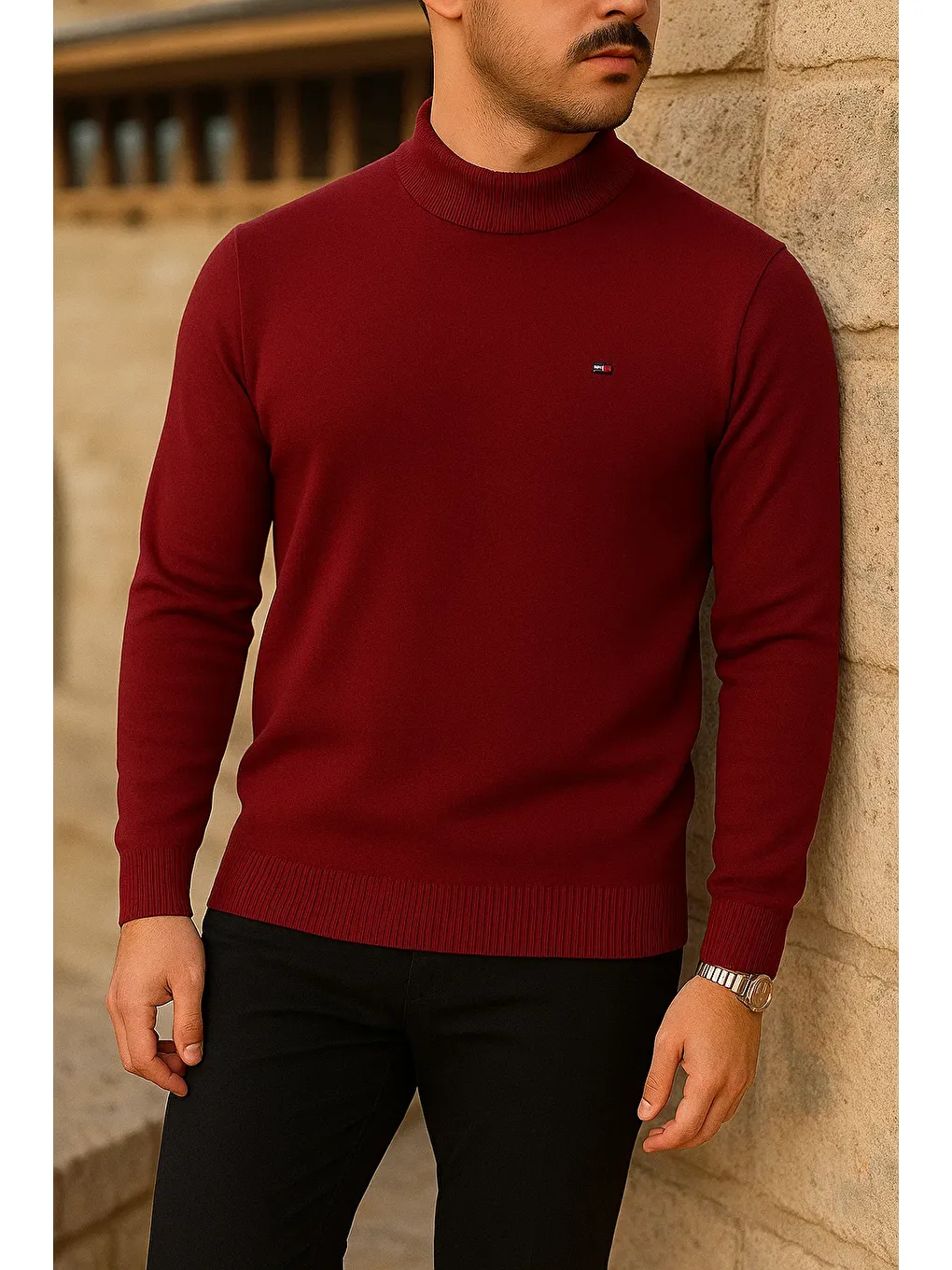 Erkek Slim Fit Yarım Balıkçı Yaka Bordo Kazak-2