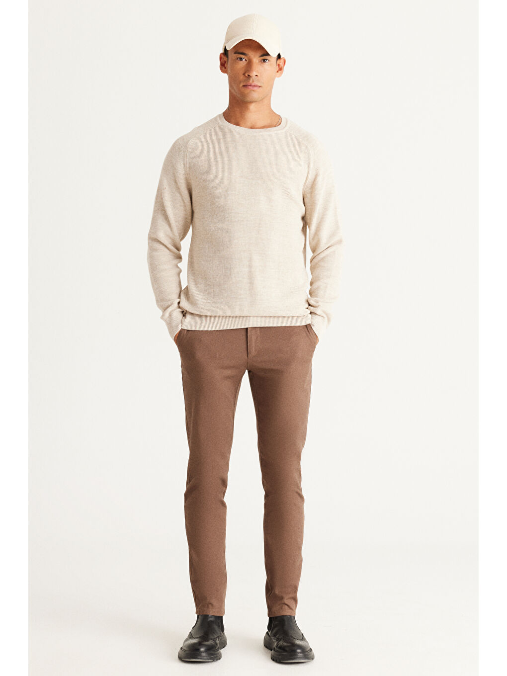 Bej Erkek Taş Standart Fit Normal Kesim Bisiklet Yaka Desenli Triko Kazak-2