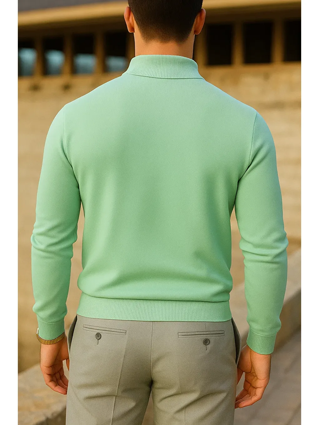 Yeşil Erkek Slim Fit Yarım Balıkçı Yaka Mint Kazak-4