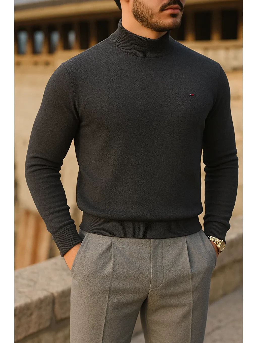 Gri Erkek Slim Fit Yarım Balıkçı Yaka Füme Kazak-1