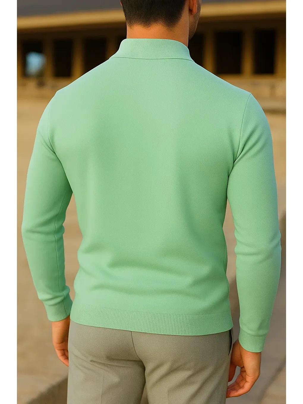 Yeşil Erkek Slim Fit Yarım Balıkçı Yaka Mint Kazak-5