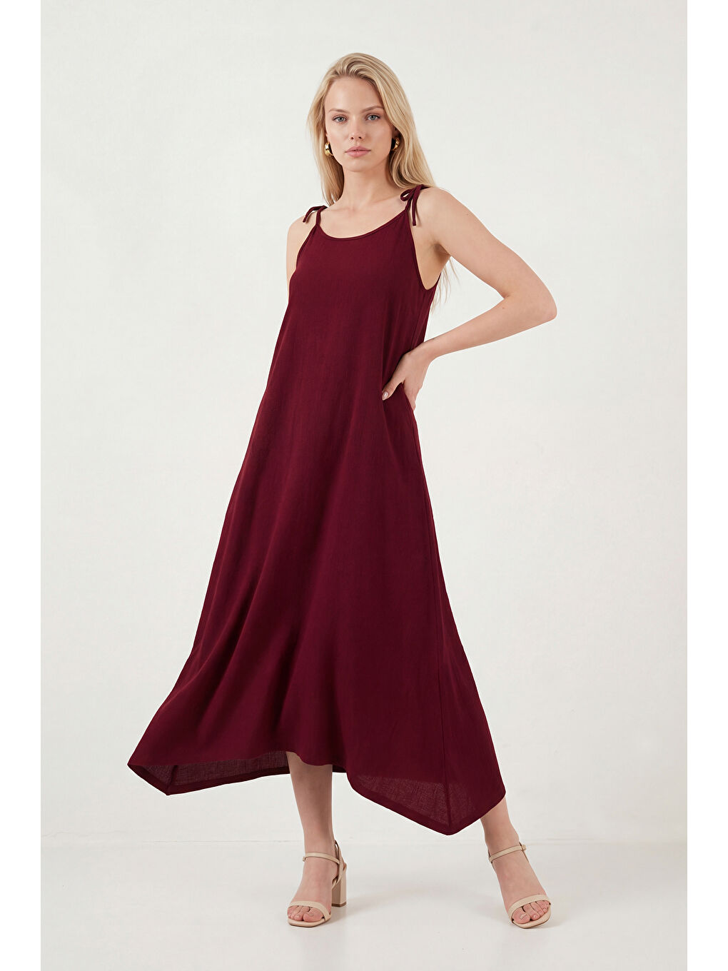 Bordo Regular Fit İp Askılı Uzun Kadın Elbise 5865732-2