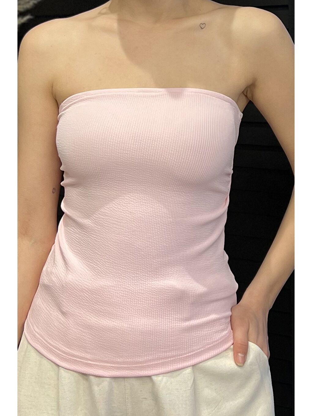 Pembe Kadın Yan Büzgü Detaylı Straplez Bluz-3