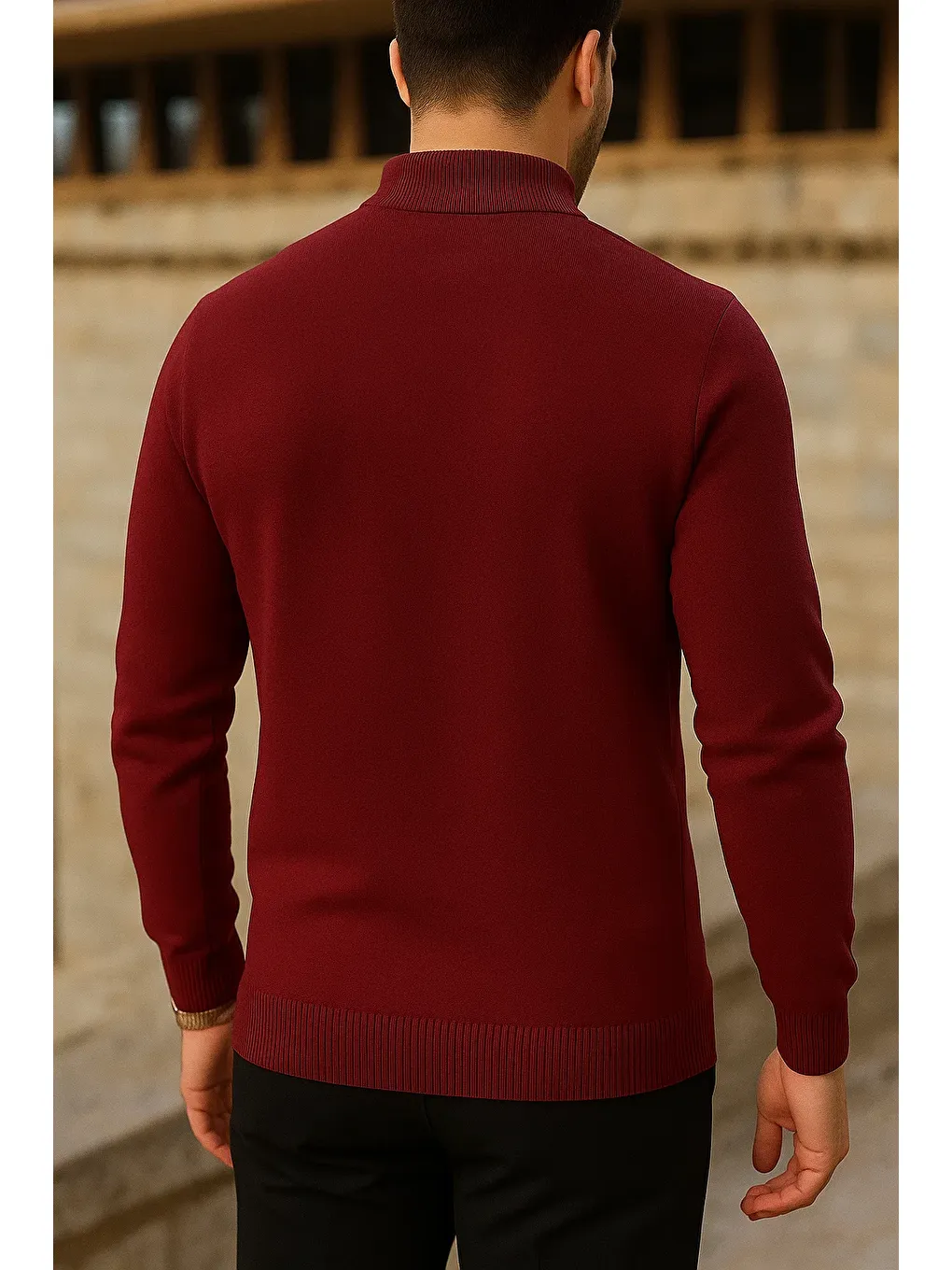 Erkek Slim Fit Yarım Balıkçı Yaka Bordo Kazak-4