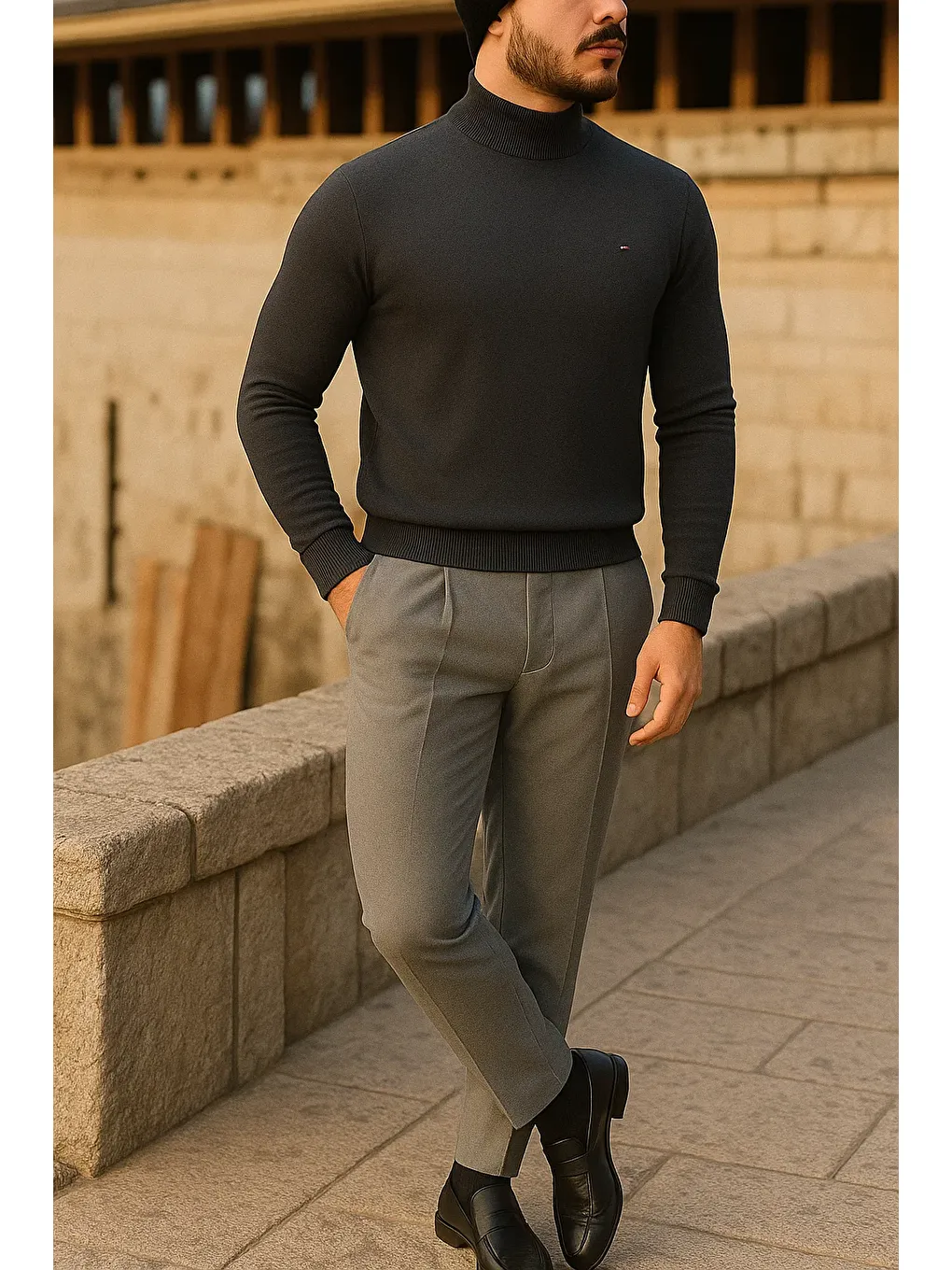 Gri Erkek Slim Fit Yarım Balıkçı Yaka Füme Kazak-2