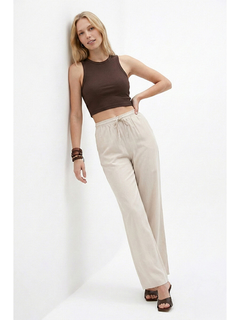 Bej Wide Leg Yüksek Bel Geniş Paça Kadın Pantolon 668YP5424-2