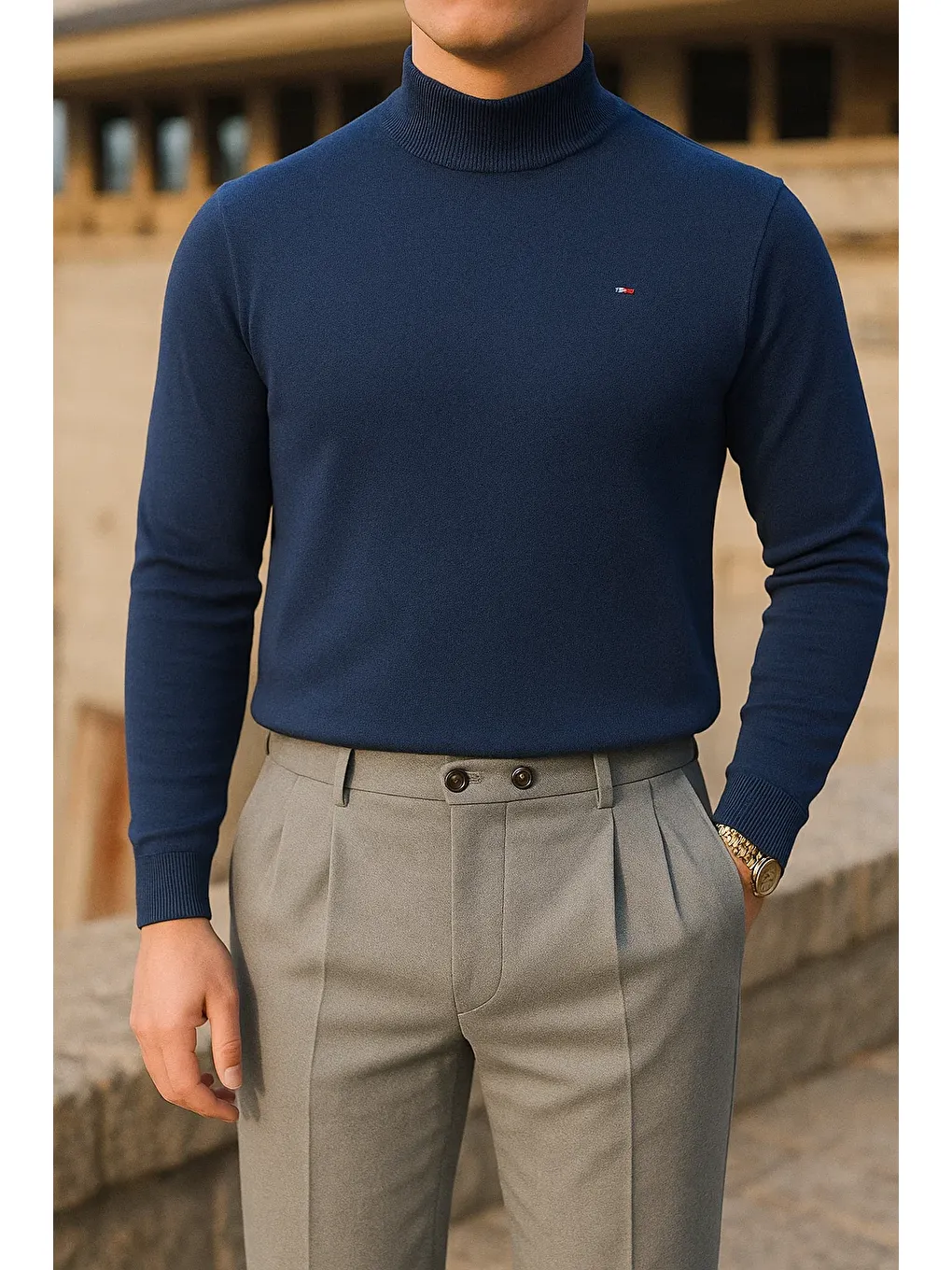 Erkek Slim Fit Yarım Balıkçı Yaka Lacivert Kazak-1