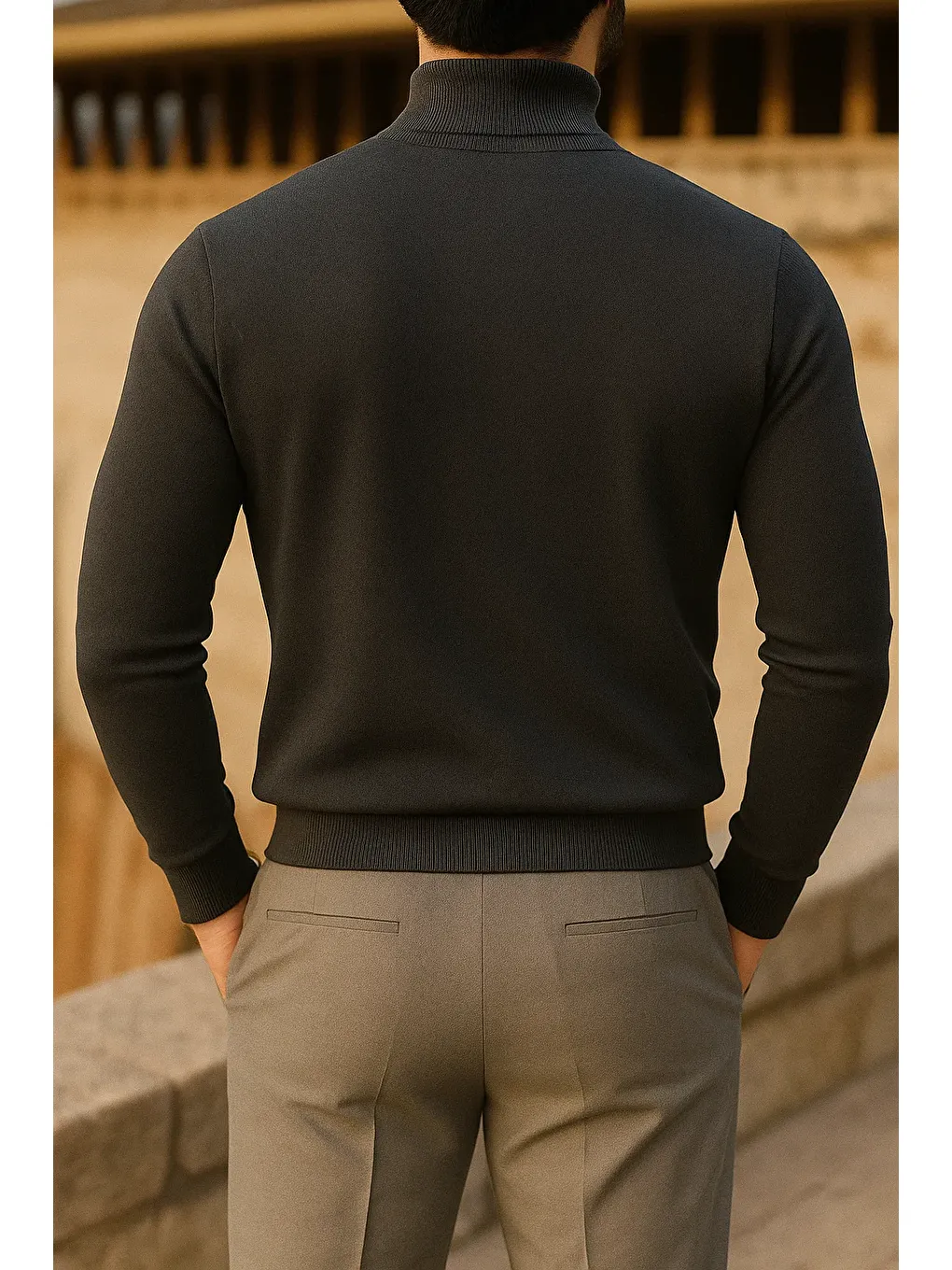 Gri Erkek Slim Fit Yarım Balıkçı Yaka Füme Kazak-4