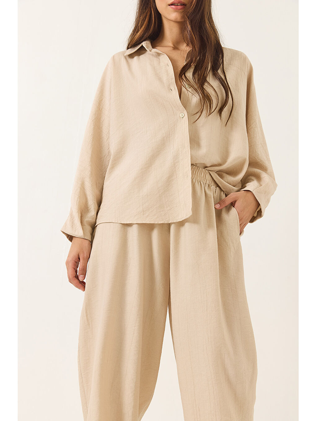 Bej Kadın Yarasa Kol Gömlek Şalvar Pantolonlu Eliza Alt-Üst Takım-2
